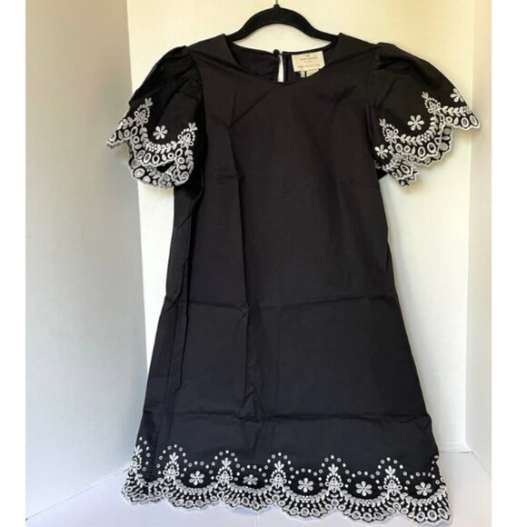 Kate Spade Mini Dress Small Black Short Sleeve Shift Cotton Floral Embroidered - Picture 2 of 12